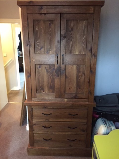 Oak Coloured Solid Pine Single Wardrobe With Three Drawers In York
