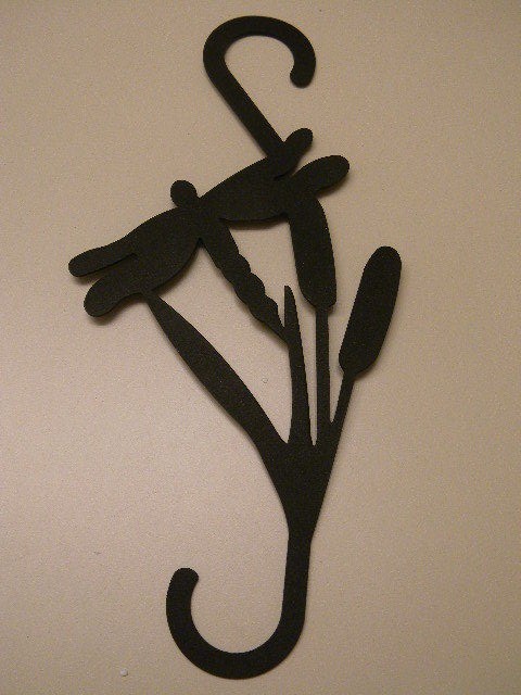 Dragonfly with Cat Tails Plant Hook ~ Birdfeeder Hanger - Black Metal - NWOT