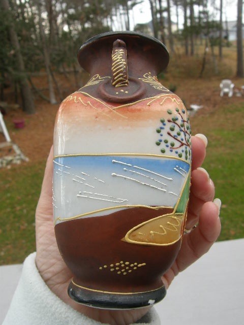 Vintage Japanese Satsuma Moriage Handled Vase 5