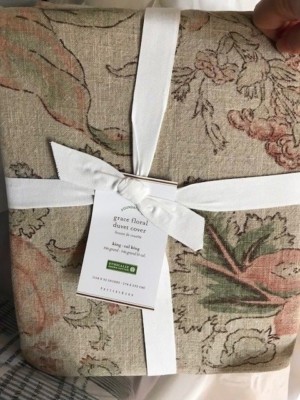 Pottery Barn Linen Floral Quilt Full Queen Smoke Gray 2 Euro Shams