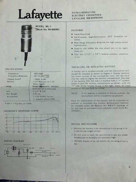 Vintage Lafayette Ultra-miniature Electret Condenser Lavalier Microphone ML-1