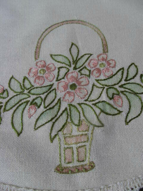 Basket of Flowers~20s Antique Hand Embroidered Tablecloth Topper~27