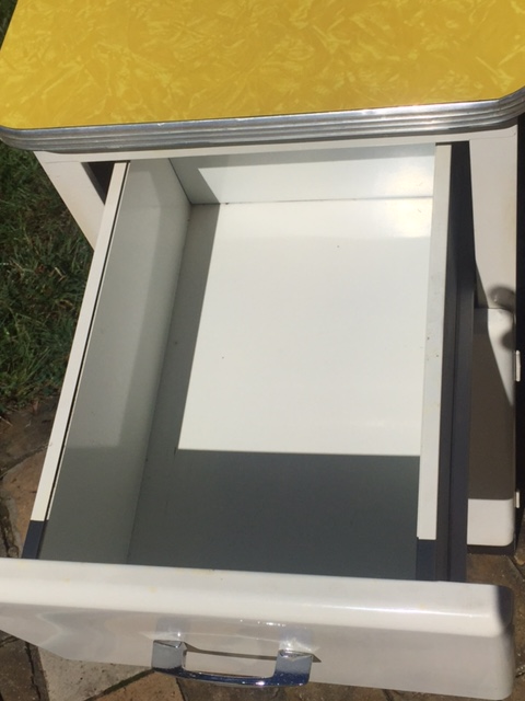 Vintage mid-century modern metal kitchen cabinet w/ yellow Formica top