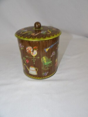 Vintage Daner Lidded Tin with Retro Rooster Spinning Wheel Coffee Pot 6 '' Tall