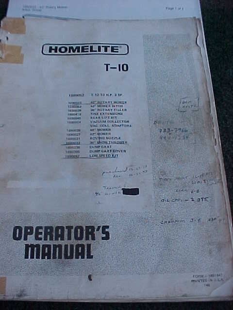 1977 Homelite Garden Tractor T-10 Manual Set 100 pages pre Simplicity Jacobson