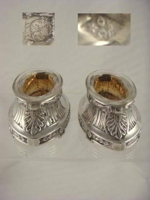 ANTIQUE FRENCH STERLING SILVER SALT CELLARS WITH VERMEIL INTERIORS CRYSTAL LINER