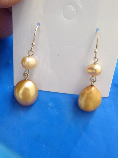 PAIR NEW SILVER CULTURED PINK GOLD CULTURED DROP DANGLE PIERCED PEARL EARRINGS