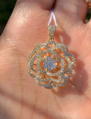 2Ct Round Lab Created Diamond Flower Pendant Free Chain 14K Yellow Gold Plated