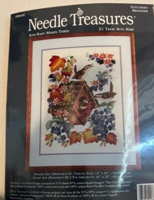 AND BABY MAKES THREE Crewel Embroidery Kit Birds Birdhouse Autumn Leaves Cottage
