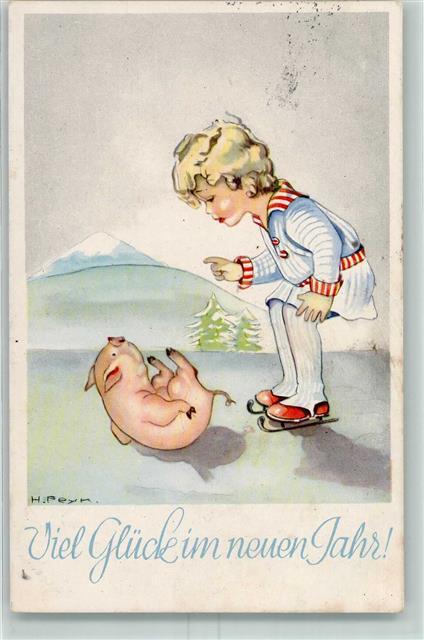 10572328 - Neujahr Kind Schlittschuh Sign. H. Peyn Ak Schwein 1942