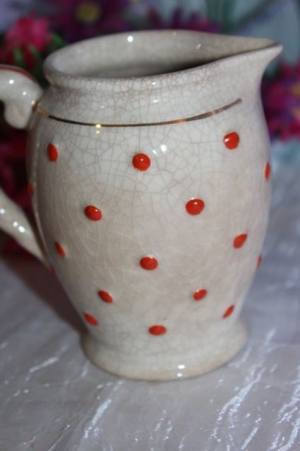 Vintage Hand Painted Pottery Pitcher/Creamer~Orange Cold Paint Polka Dots~Japan