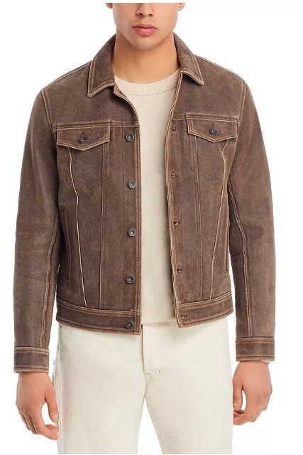Pre-owned John Varvatos Men's Andrew Leather Trucker Jacket Size: Eu 48, Us 38 (m) In Brown