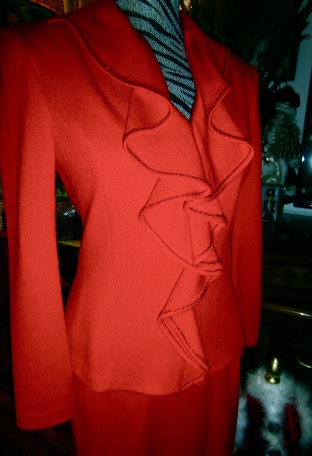 St John Evening Suit Red JACKET RUFFLE & SKIRT CRYSTAL TRIM RARE 2 SANTANA SANTA