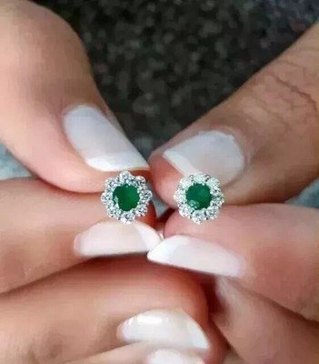 14K White Gold Plated 2.50Ct Round Lab Created Emerald Women Halo Stud Earrings
