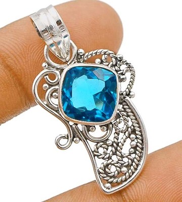 Natural Filigree 4CT Flawless Blue Topaz 92 Sterling Silver Pendant #B30-4