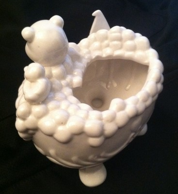 Cute Porcelain Bear taking a Bubble bath with his Rubber Ducky cottonball holder