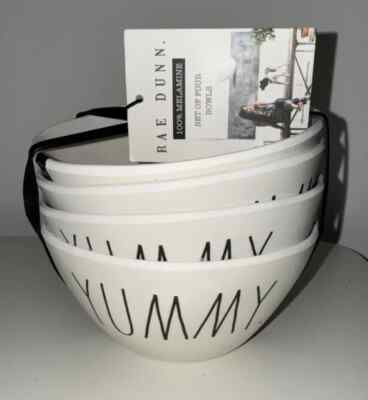 Set of 4 Rae Dunn ''YUMMY'' Bowls, Melamine, NEW, White & Black
