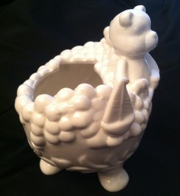 Cute Porcelain Bear taking a Bubble bath with his Rubber Ducky cottonball holder