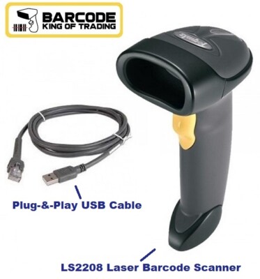 Zebra LS2208 Laser Barcode Scanner, with USB Cable, Plug-&-Play!