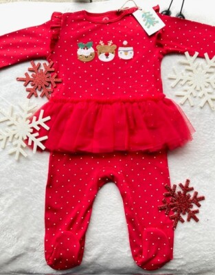 Next Baby Christmas Red Babygrow Romper Xmas Applique With  Tutu 0-24 Month BNWT