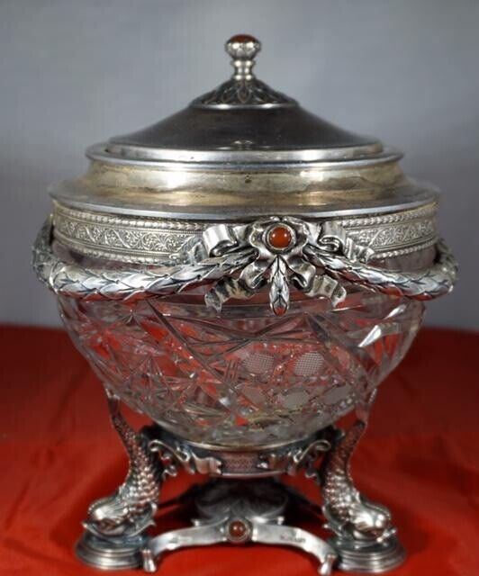 Antique Russian Royal time caviar jar by Morozov 84 marks,Silver /Crystal 