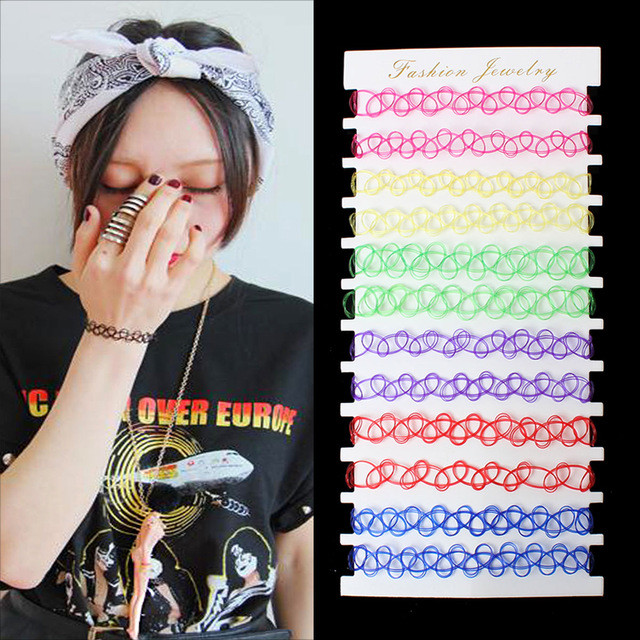 Set 12 Pezzi Braccialetti Bracciali Tattoo Colorati Elastici Ragazze dfh