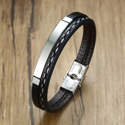 Personalized Engraving Leather Medical Alert ID Men's Women's Bracelet Wristband