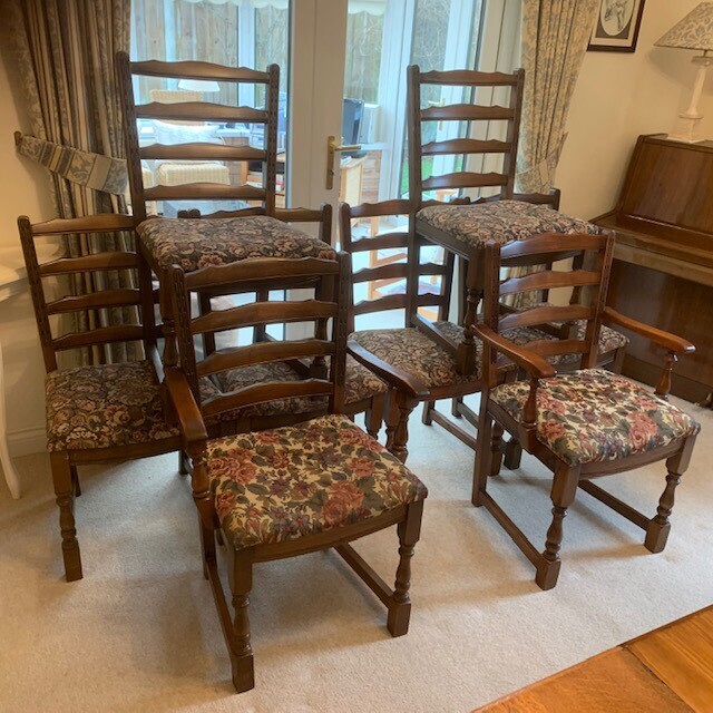 Priory Old Charm chairs and sideboard, oak scrolled pattern, good