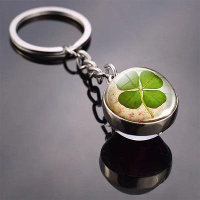 Four Leaf Clover Ball Keychains - Glass Ball Double Side Pendant Metal Keyrings