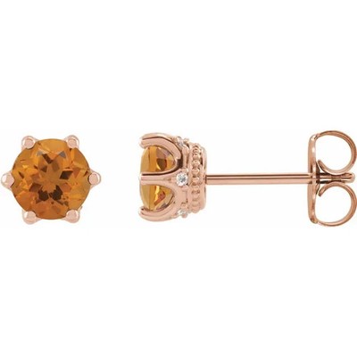 JADiamonds 14K Rose Gold 5 mm Natural Citrine & .03 CTW Diamond Crown Earrings