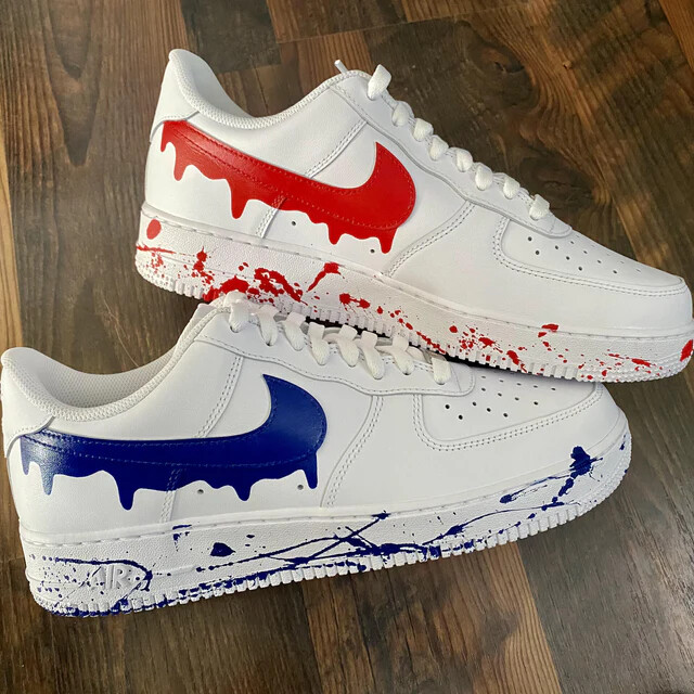 Pre-owned Nike Air Force 1 Custom Red And Blue Drip Splatter White Shoes Usa All Sizes