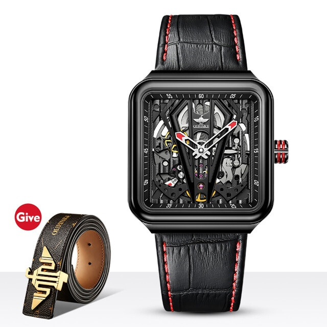 Pre-owned Oupinke 3181 Luxury Auto Watch Men Mechanical Skeleton Water Resistance 5bar In Black Red