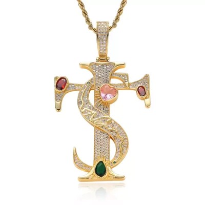 2Ct Round Lab Created Diamond Punk Designer Cross Pendant 14k Yellow Gold Plated