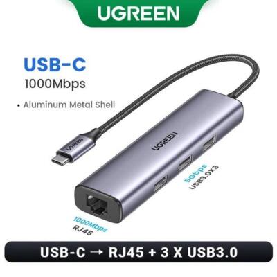 Ugreen USB-C Ethernet Adapter 1000/100mbps Usb3.0 Hub Rj45 Lan for Laptop Pc