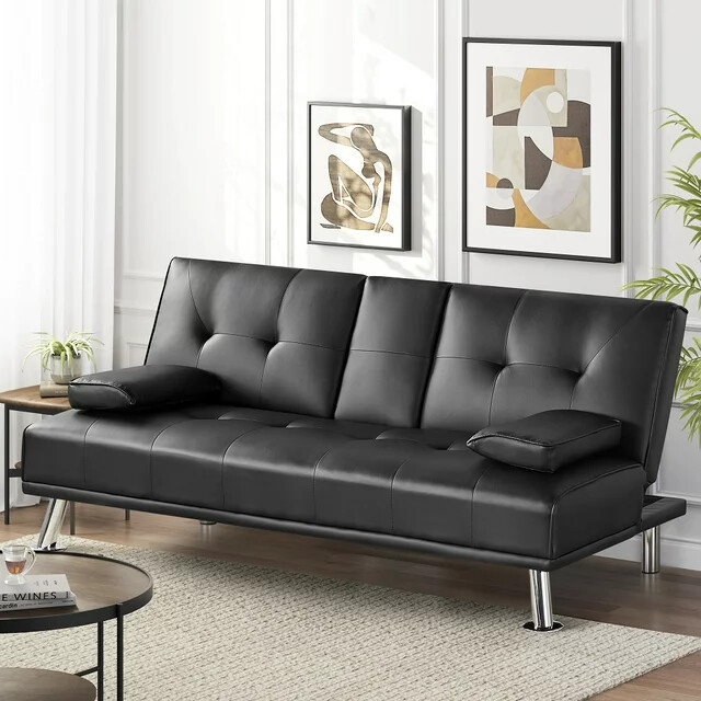 Modern Faux Leather Futon with Cupholders and Pillows Couch Sofa Bed Futon Black