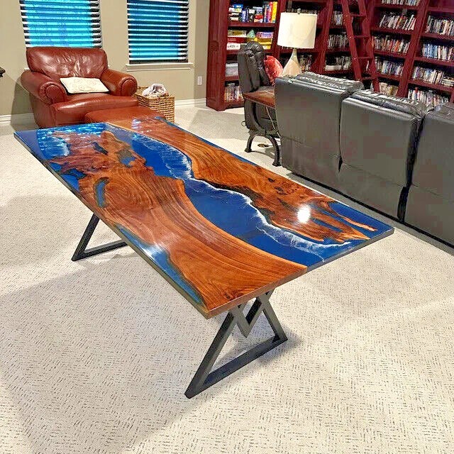 Wavy Blue River Epoxy Table Top with Acacia Wood |