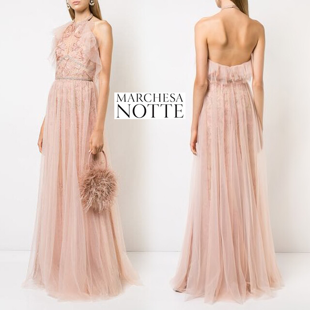 Pre-owned Marchesa Notte $1095  Halter Metallic Gown Blush Pink Rose Gold Dress 8 12 14