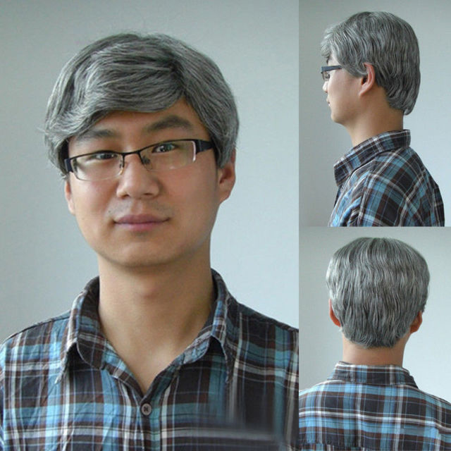 Old Man Wig Cosplay Grandpa Uncle Short Silver Mixed Hair Natural