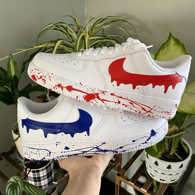 Pre-owned Nike Air Force 1 Custom Red And Blue Drip Splatter White Shoes Usa All Sizes