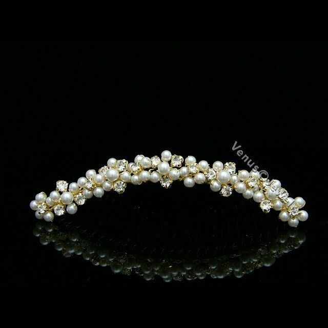 Gold Bridal Flower Pearl Rhinestone Crystal Prom Wedding Tiara Hair Comb 7588