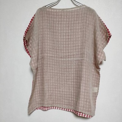 R&D.M.Co- New Linen Gauze Gingham Check Wide Blouse shirt White Red 4-0623S 
