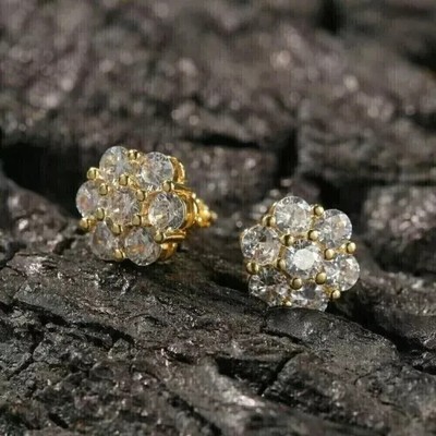 2 Ct Round Lab-Created Diamond Flower Stud Earrings 14K Yellow Gold Plated