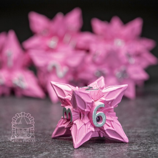 Sage's Deadly Blossoms Painted Pink Metal Polyhedral Dice Set DnD RPG Games