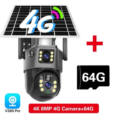 4K 4G SIM Card Dual Lens Solar Cameras 8MP Wireless Surveillance Camera
