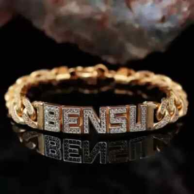 14k Yellow Gold Plated 10Ct Round Lab-Created Diamond Men's Custom Name Bracelet