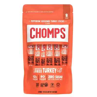 Chomps 100% Grass Fed Beef Sticks Zero Sugar 8 Count Multipack Resealable Bag