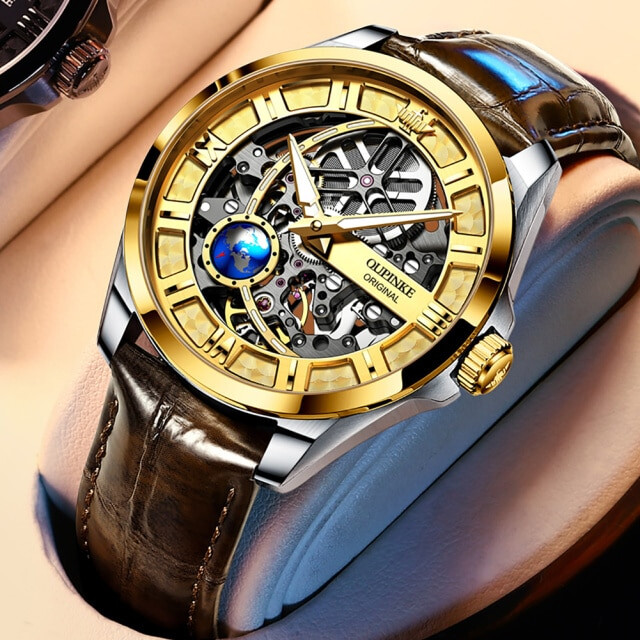Pre-owned Oupinke -3268 Men's Automatic Mechanical Watch Skeleton Design 50m Waterproof In Coffee