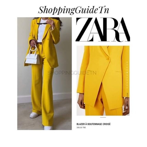 Pre-owned Zara Co-ord Set Double Breasted Blazer +flared Pants Yellow 2277/628- 2248/628