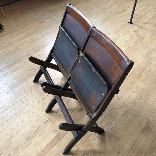 Art Deco Movie Theater Wooden Double Folding Chair-Attached