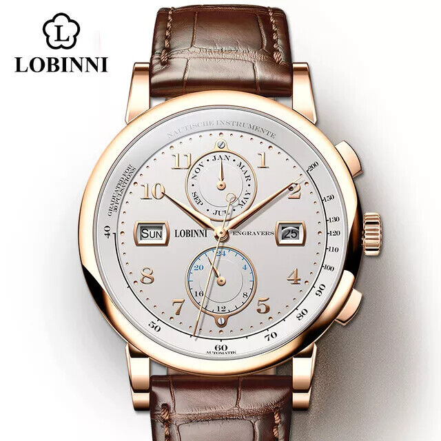 Pre-owned Lobinni Genuine Leather Men Wristwatch Luxury Seagull Movement Mechanical Watch In Rose-white-brown